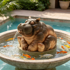 Hottche Hippo water spitter statue outdoors, charming resin garden centerpiece with a gentle spray