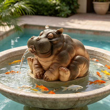 Hottche Hippo water spitter statue outdoors, charming resin garden centerpiece with a gentle spray