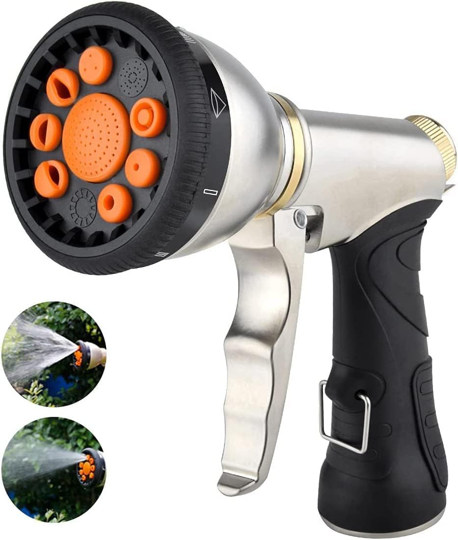 HouGariee garden hose nozzle showing 9 adjustable patterns for versatile watering.