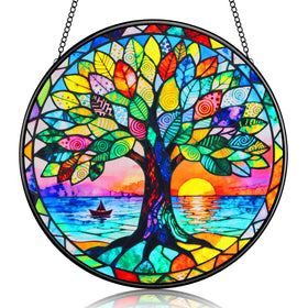Houmury stained glass Tree of Life suncatcher panel catching sunlight to brighten rooms