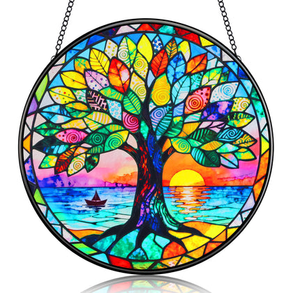 Houmury stained glass Tree of Life suncatcher panel catching sunlight to brighten rooms