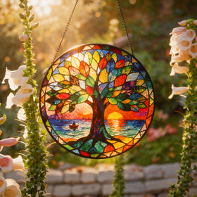 Houmury warm color glow visible through stained glass