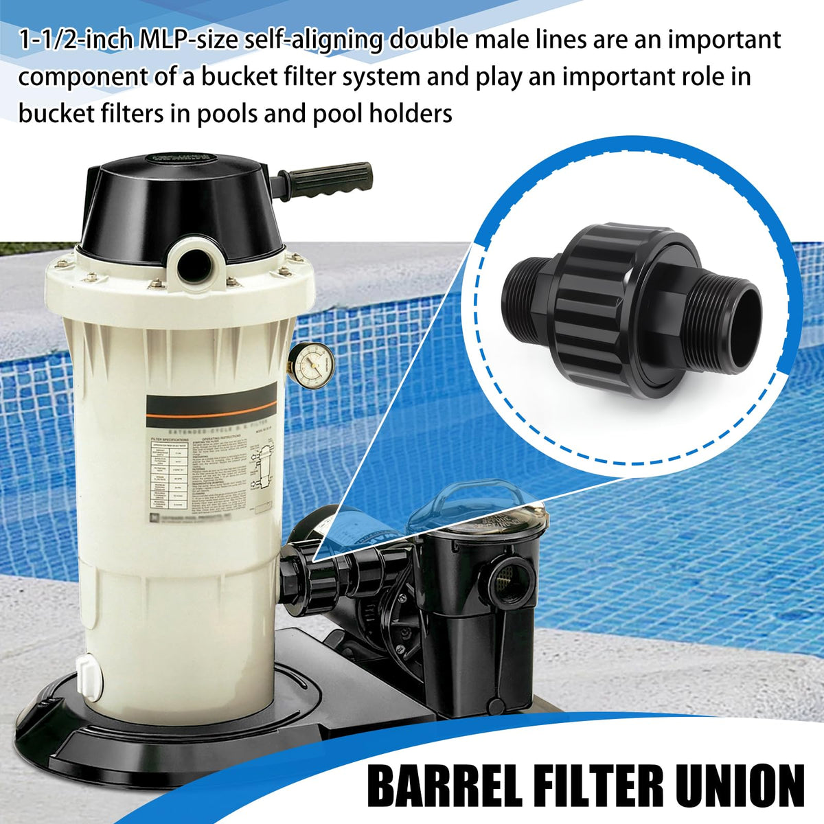 Houoto SP1480BLK pool filter union illustrating self-aligning design for easy installation.