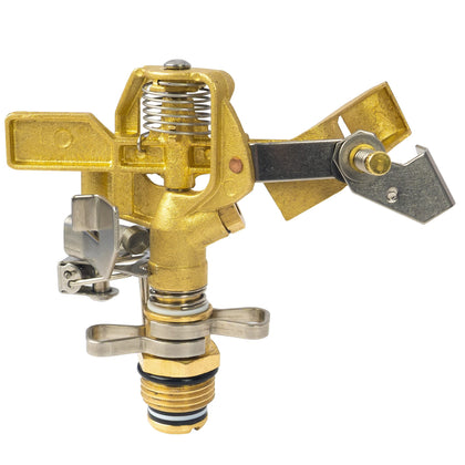 Hourleey brass impact sprinkler close-up shows durable construction for long outdoor use.