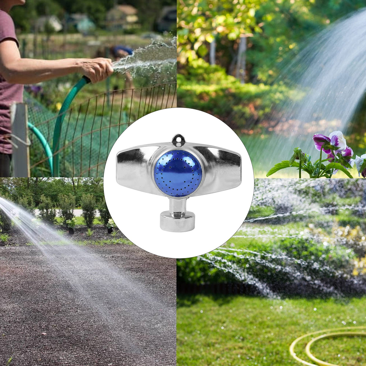 Hourleey sprinkler seen from the side over a flower bed
