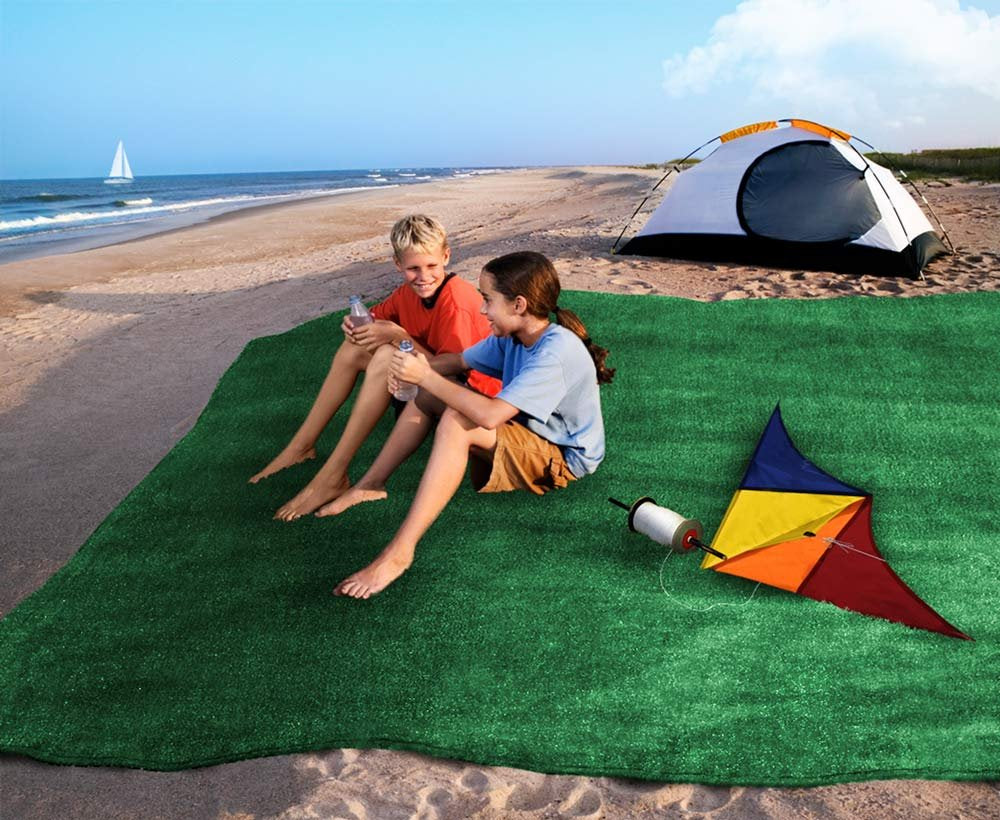 Grommeted corners on green turf rug with secure anchoring by House, Home and More