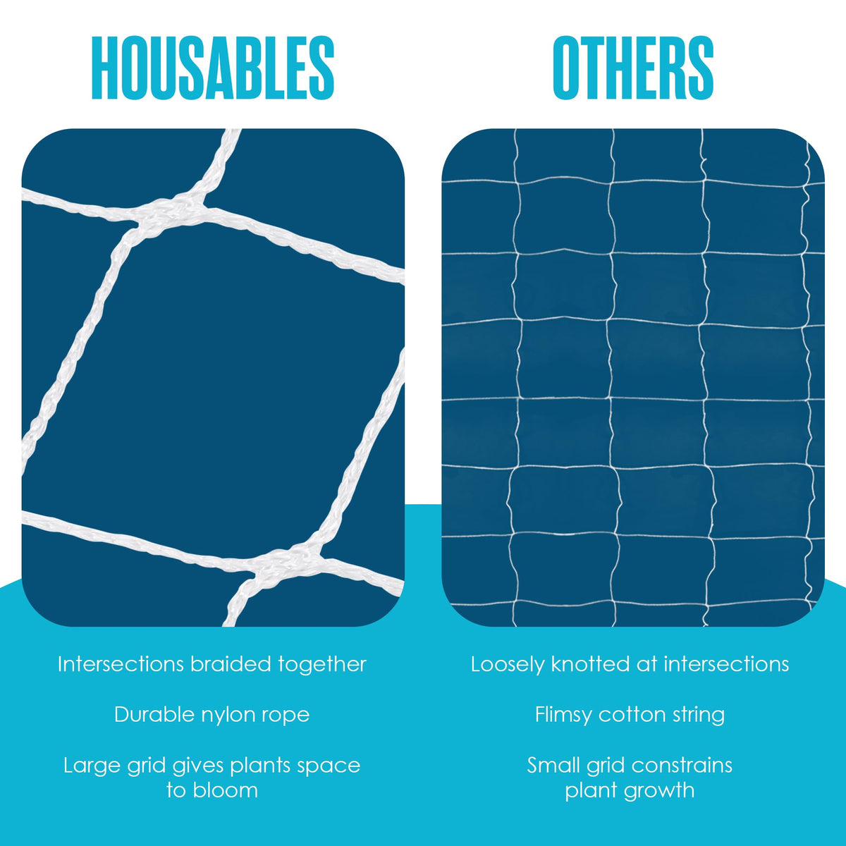 Houseables horizontal trellis with netting supports long stems and fruiting clusters.