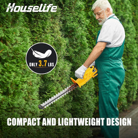 Houselife hedge trimmer features dual safety switch to prevent accidental startups.