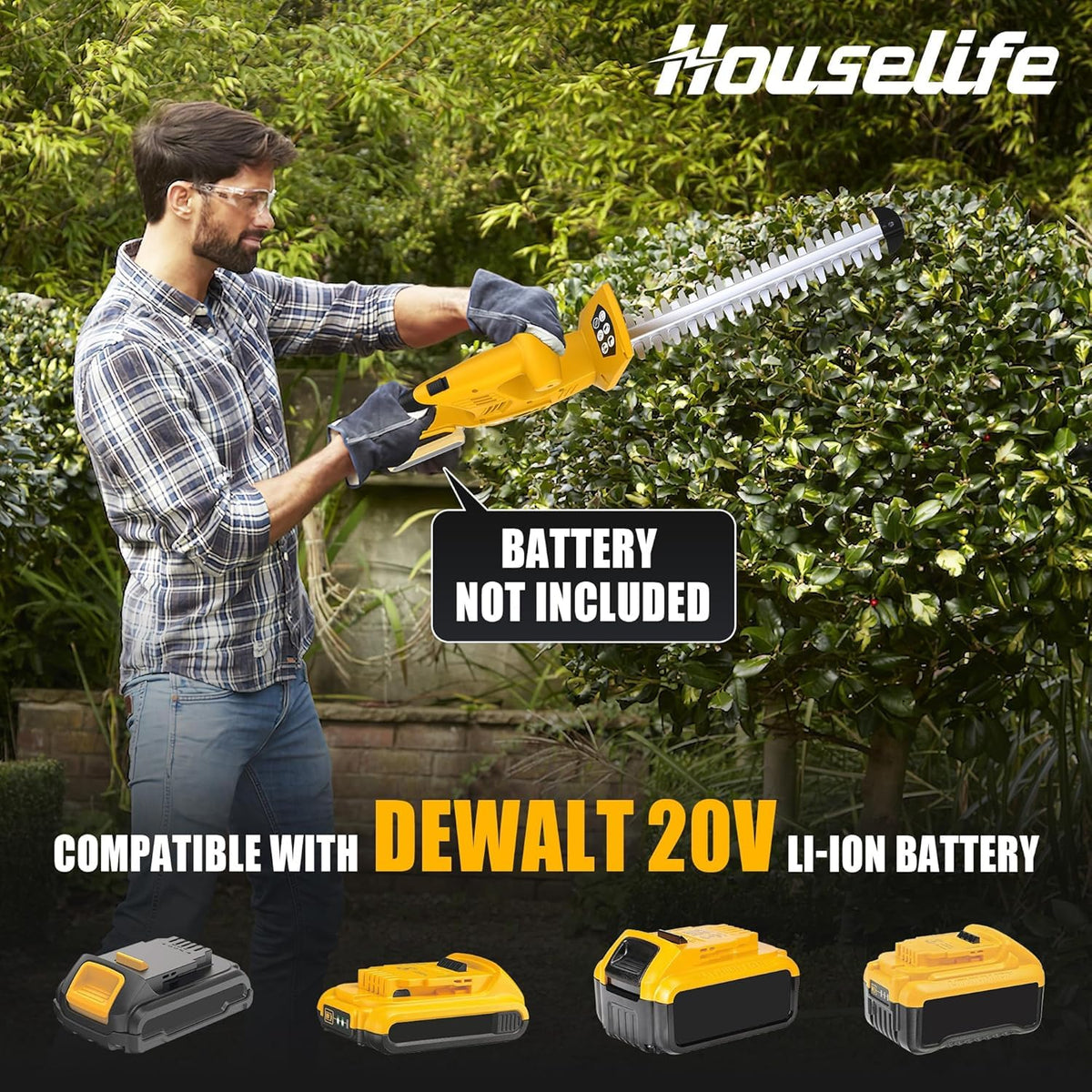 Houselife electric shrub trimmer with DeWalt 20V compatibility for flexible power options.