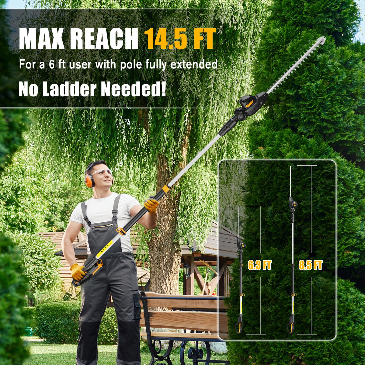 Extended reach to 14.5 feet for tall hedges from the ground.
