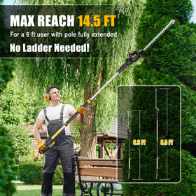 Extended reach to 14.5 feet for tall hedges from the ground.