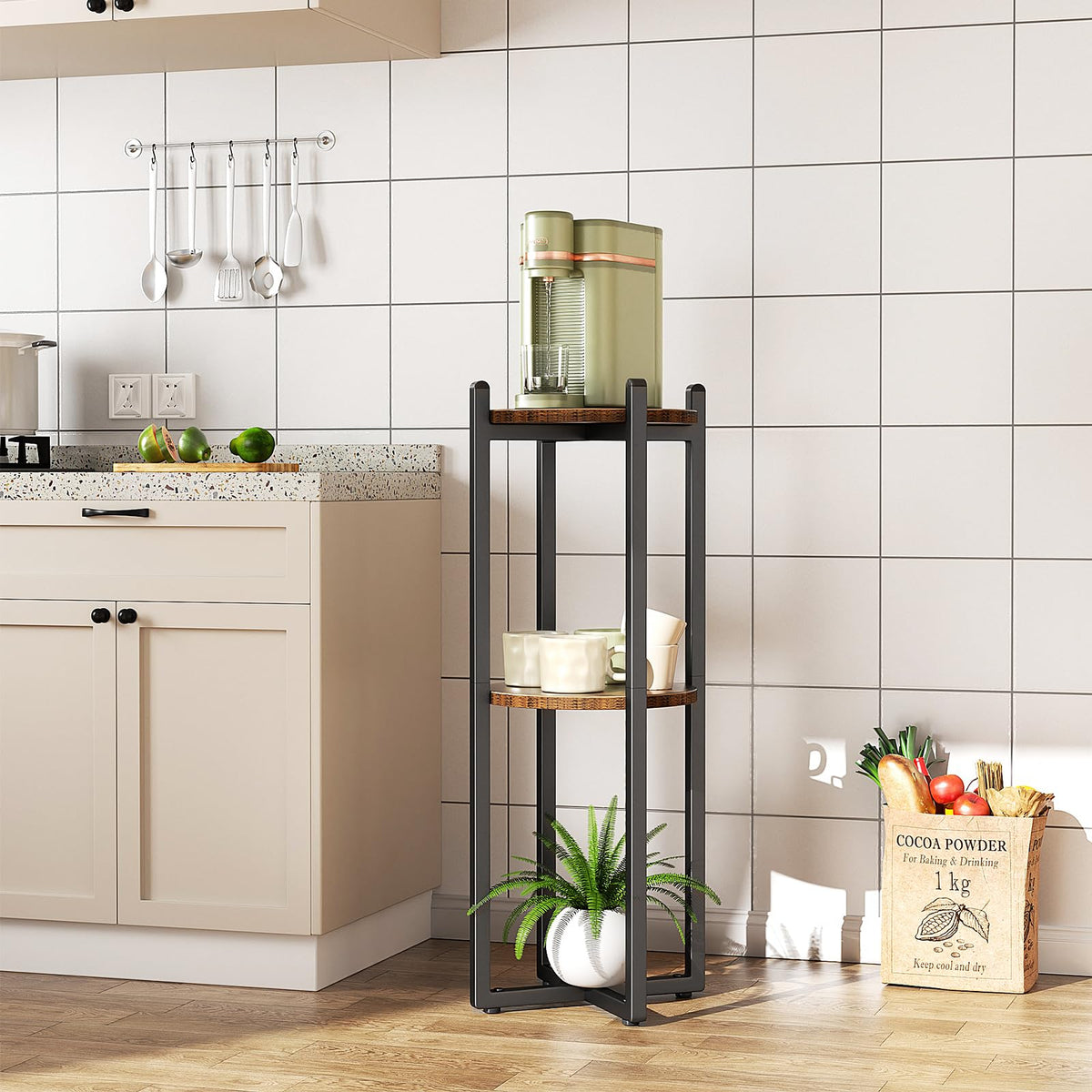 Housolution corner shelf stand accommodates bottles or plants, saving space beautifully.