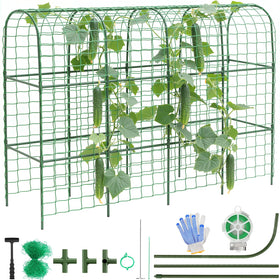 Housolution cucumber trellis on raised bed with 67x48 inch U-shape supports climbing vines.