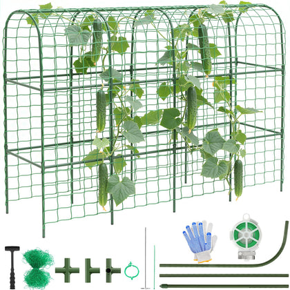 Housolution cucumber trellis on raised bed with 67x48 inch U-shape supports climbing vines.