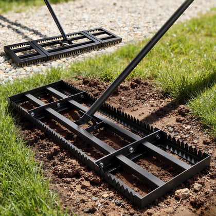 Housolution lawn leveling rake with serrated edge for breaking soil and weeds