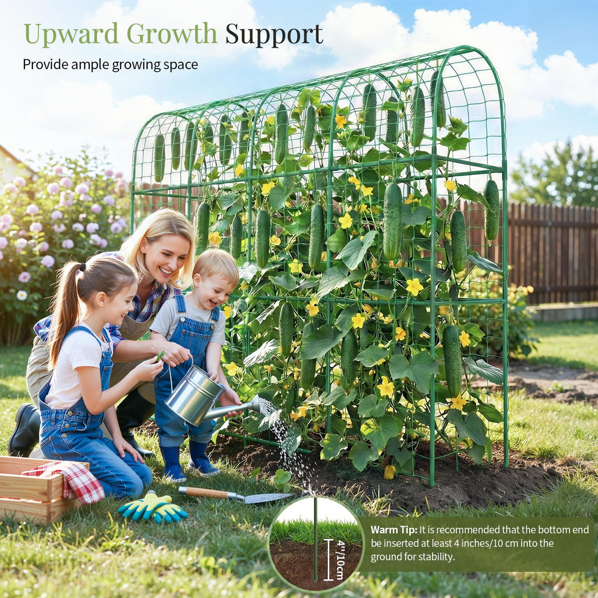 Plastic-coated steel core resists weather, ensuring long-term support for tomatoes, cucumbers, and beans.