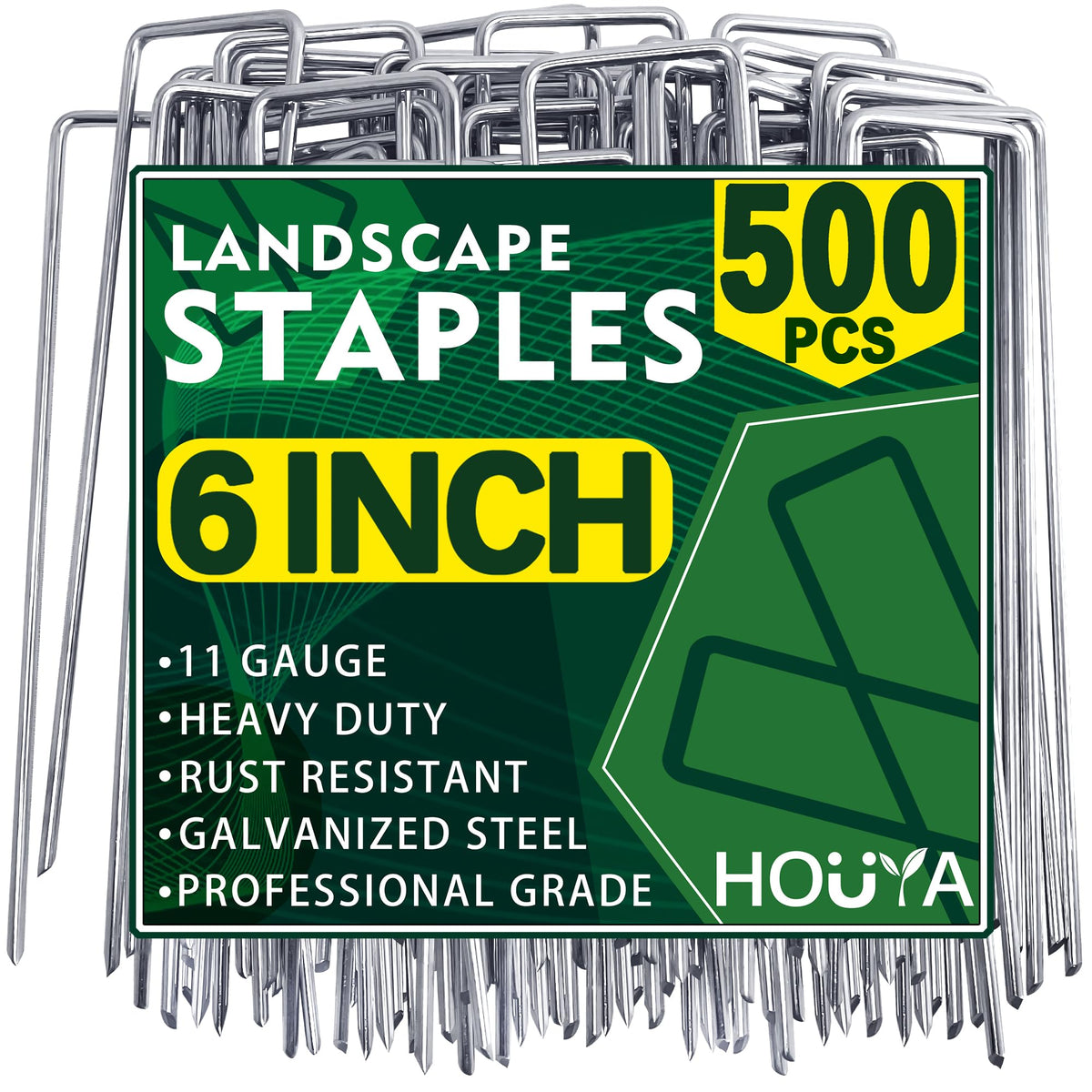 Houya 500-pack landscape staples, sturdy 6-inch stakes for outdoor anchoring.