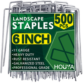 Houya 500-pack landscape staples, sturdy 6-inch stakes for outdoor anchoring.