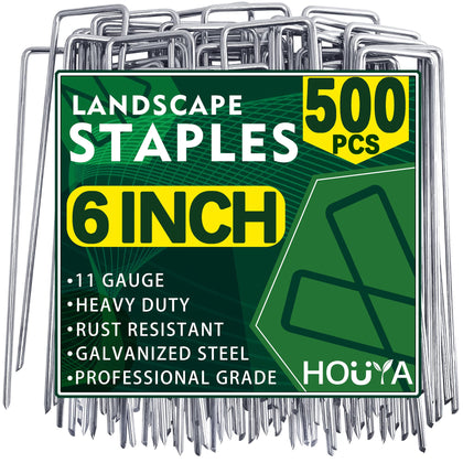 Houya 500-pack landscape staples, sturdy 6-inch stakes for outdoor anchoring.