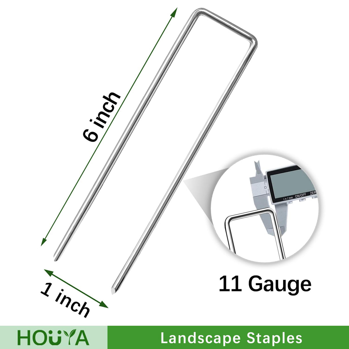 Houya beveled-end stakes enable easy penetration through turf and fabric.