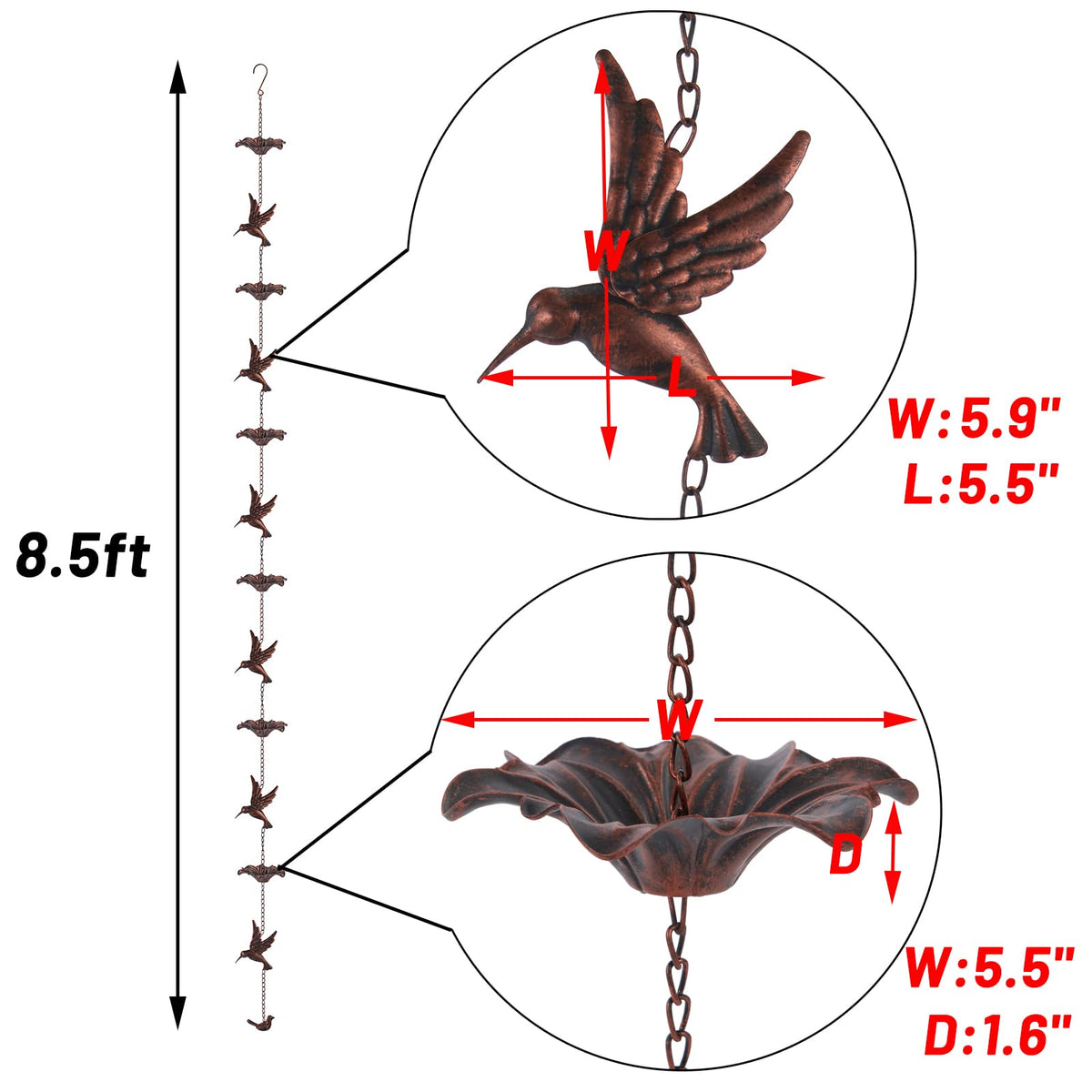 HOUYANG hummingbird rain chain mid-section showcasing garden charm.