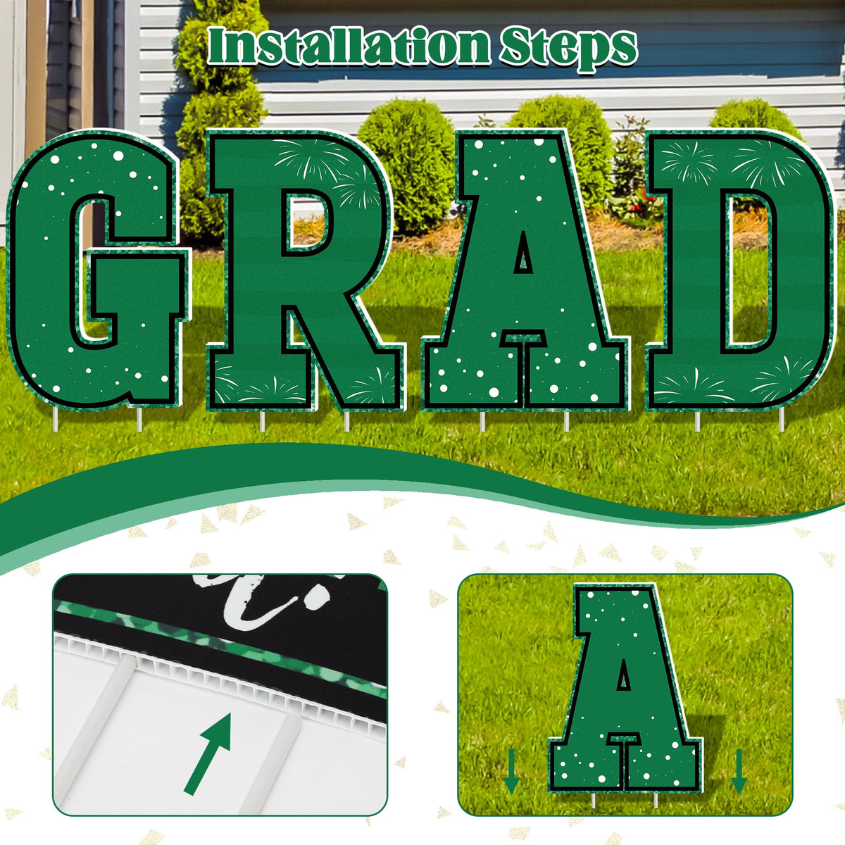 HOVACY graduation yard sign green banner stands out against lawns during ceremonies