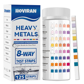 HOVIRAN 8-Way Heavy Metals test strip being dipped for fast home screening.