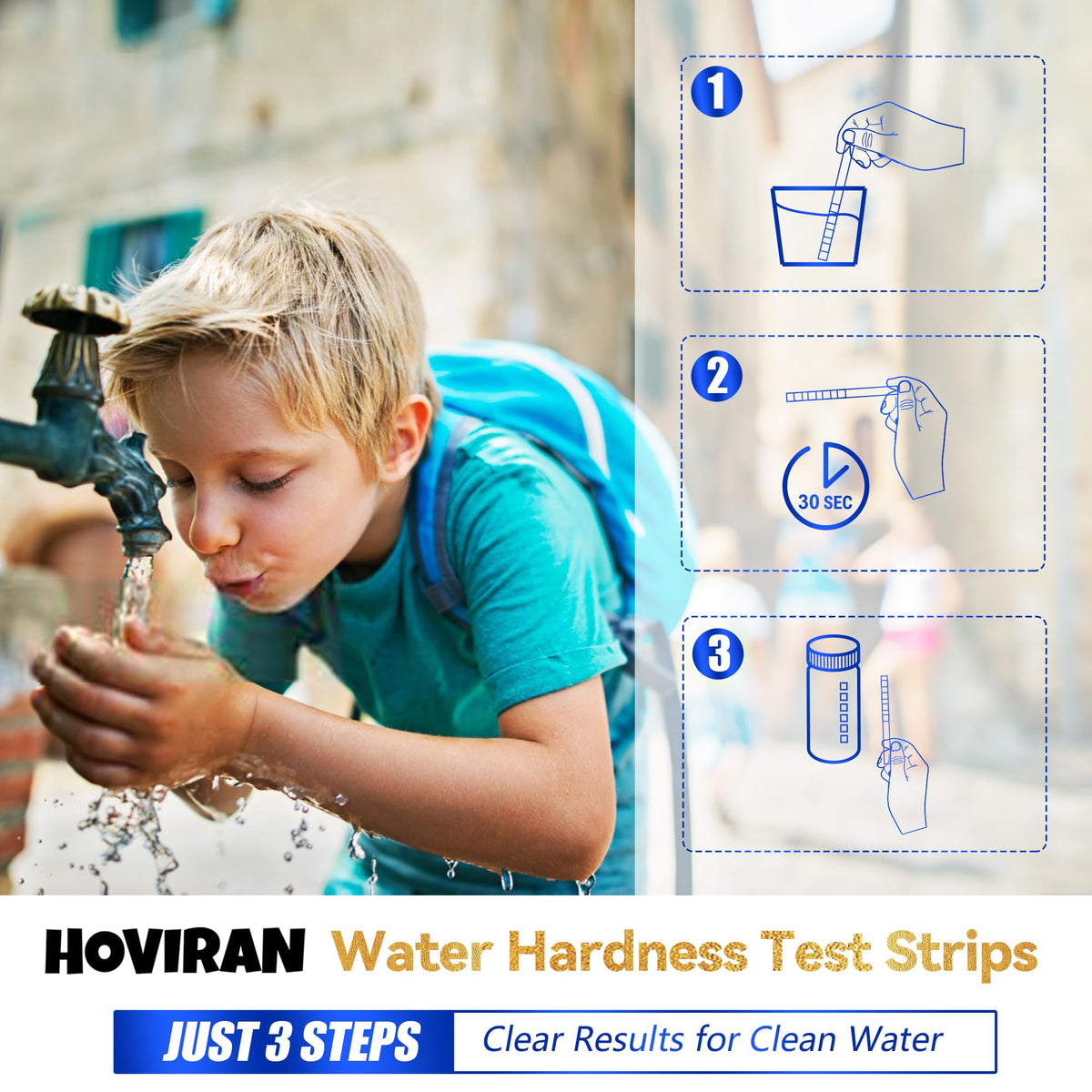 HOVIRAN hardness-range chart displays 0-425 ppm levels for quick reference.