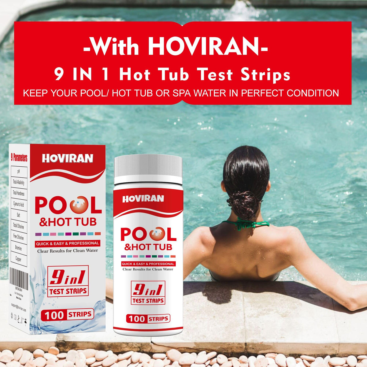 HOVIRAN pool nine-in-one test strips packaging and contents