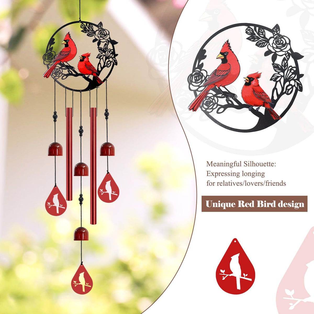 Howarmer cardinal rose-branch detail enhances porch decor with rustic charm.