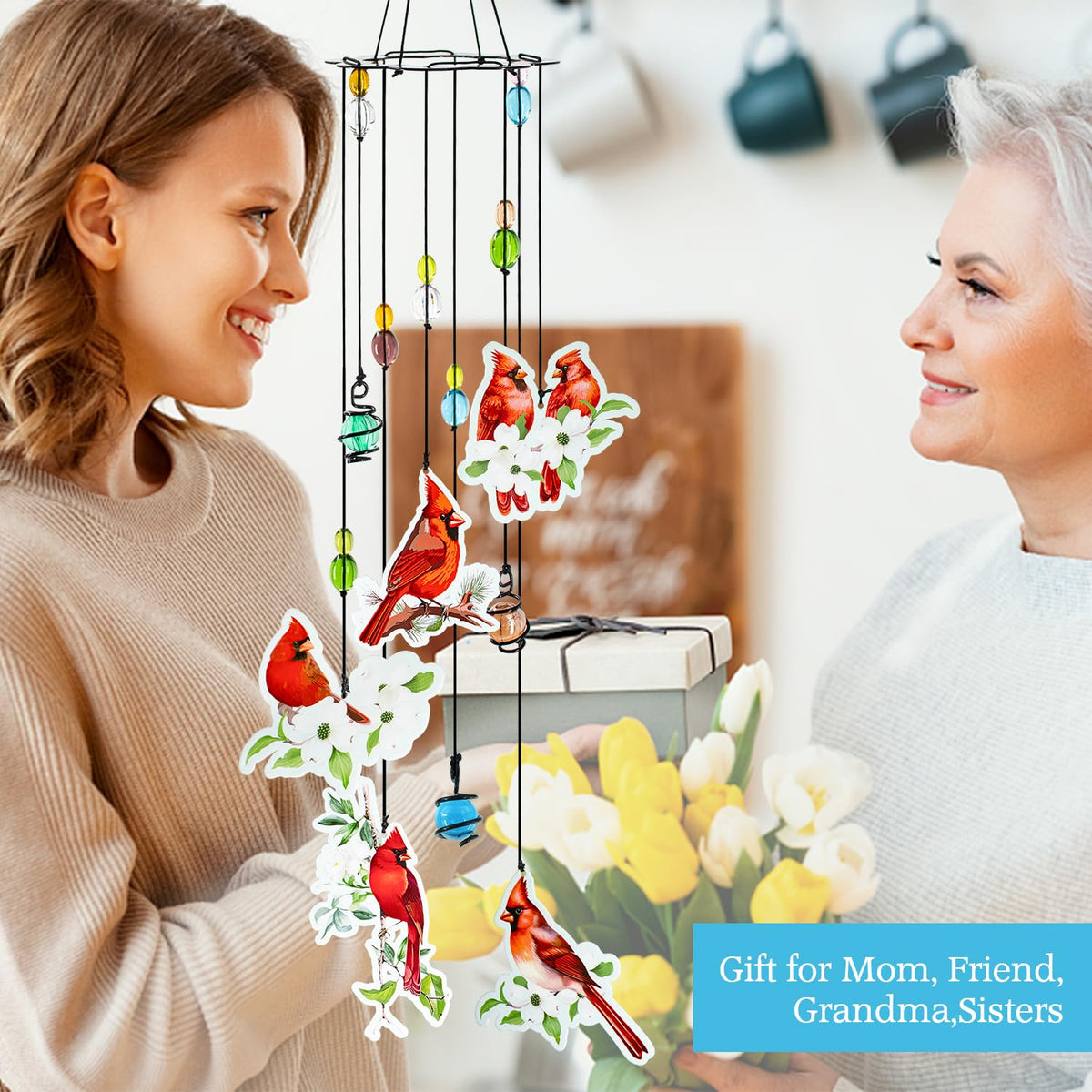 Howarmer cardinal wind chimes make a thoughtful gift for mom or friends.