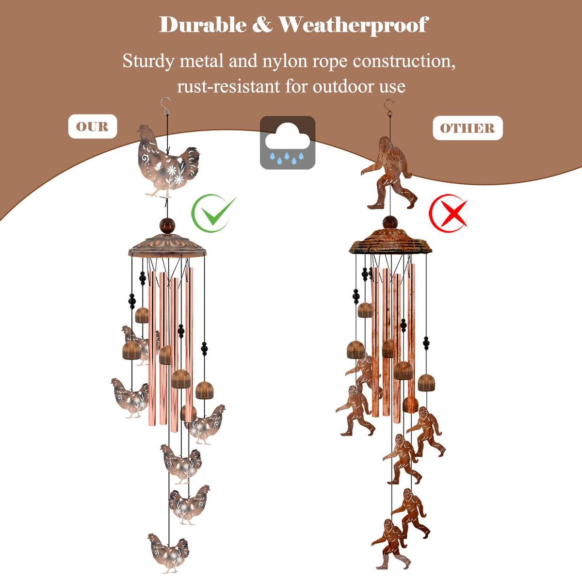 Howarmer wind chimes feature copper clapper for resonant soothing melodies near patios.