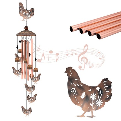 Howarmer chicken wind chimes with rooster topper adorns porch and adds whimsy to outdoor space.