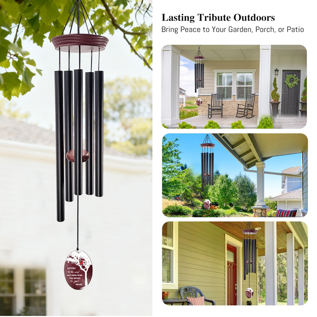Howarmer Deep-tone wind chimes in garden setting, fostering a meditative ambience.