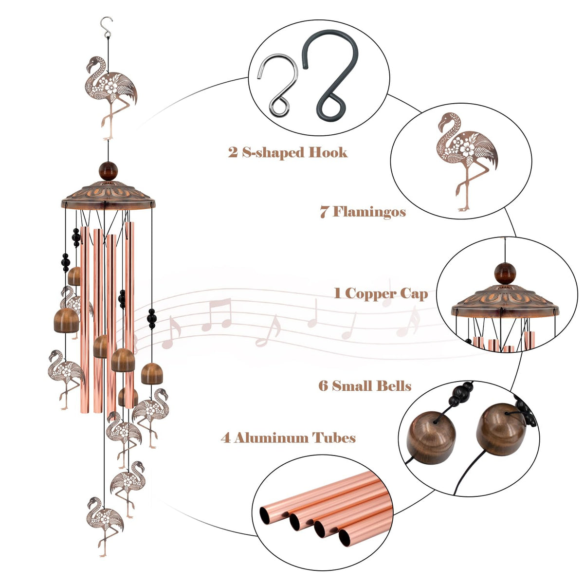 Aluminum tubes and bells of Howarmer wind chime create crisp tones in breeze