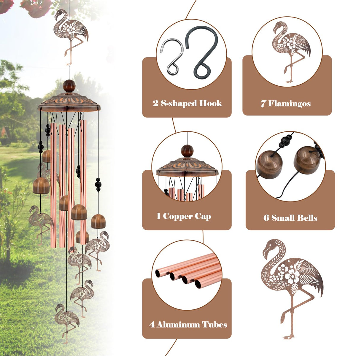 Antique bronze pink finish on Howarmer Flamingo wind chime enhances outdoor decor