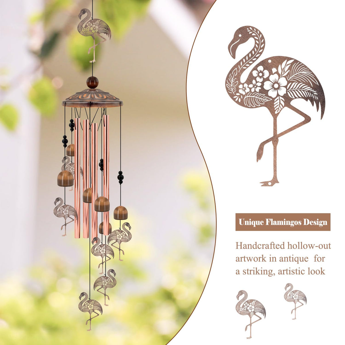 Howarmer Flamingo wind chime featuring six smaller flamingos for tropical charm