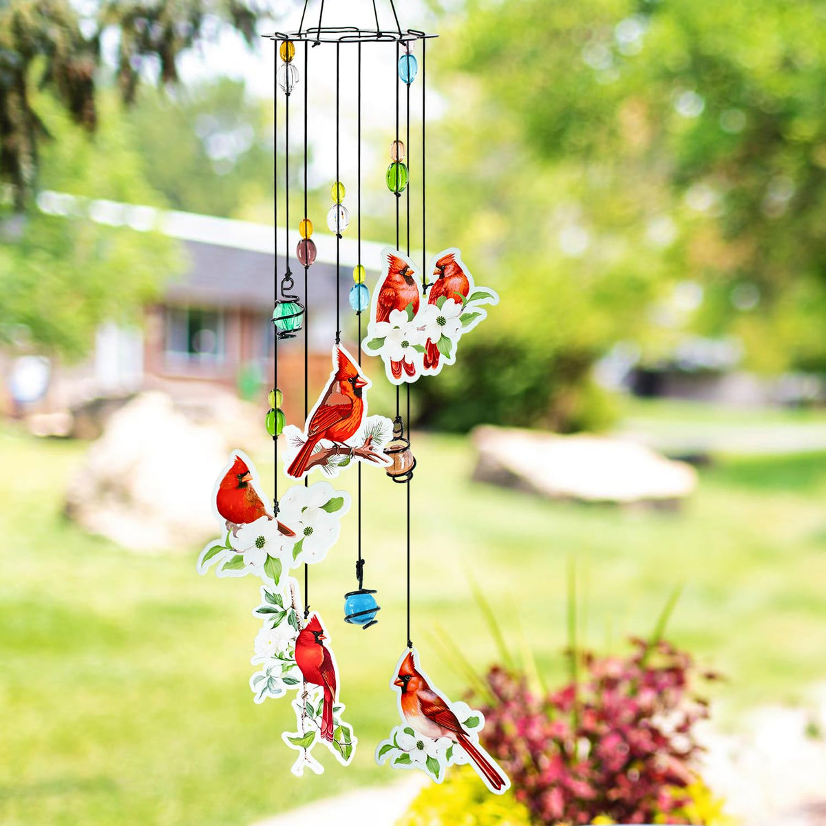 Howarmer durable weather-resistant cardinal wind chimes for year-round use.
