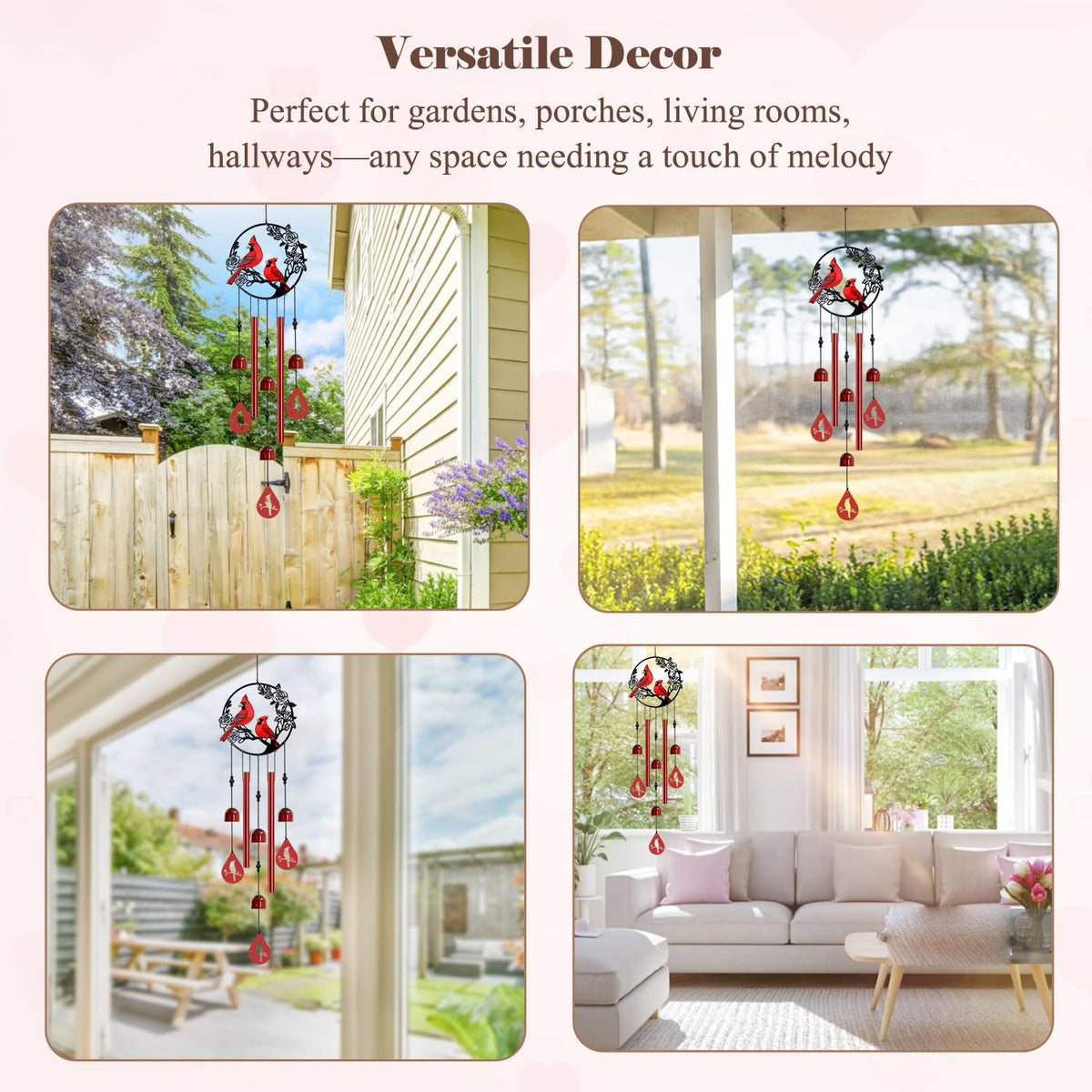 Howarmer wind chime on patio paints a tranquil, inviting outdoor scene.