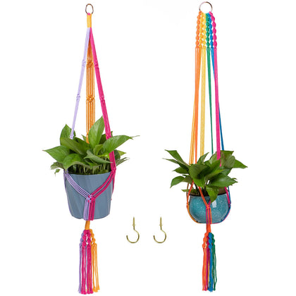 Howmax rainbow macrame plant hanger with 2 hooks displayed in a cozy indoor corner