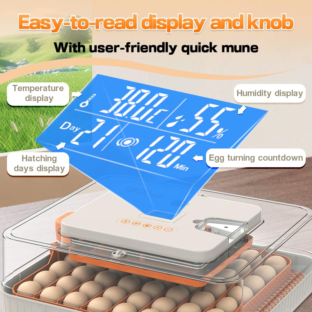 Howooiua 56-egg incubator auto-turning mechanism evenly rotating eggs.
