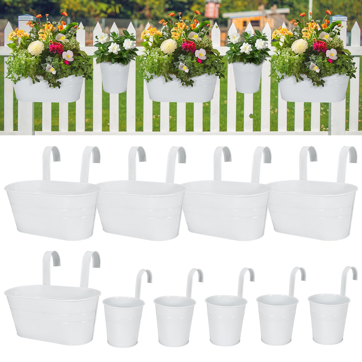 HowRU metal iron flower pots for railing, 5-piece white set for balcony decor