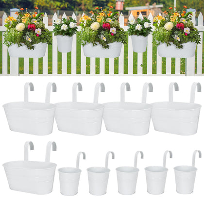 HowRU metal iron flower pots for railing, 5-piece white set for balcony decor