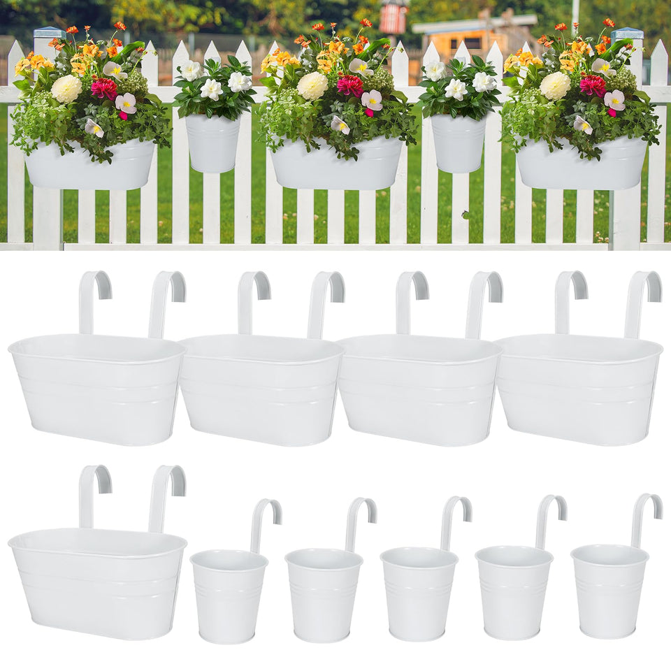 HowRU metal iron flower pots for railing, 5-piece white set for balcony decor