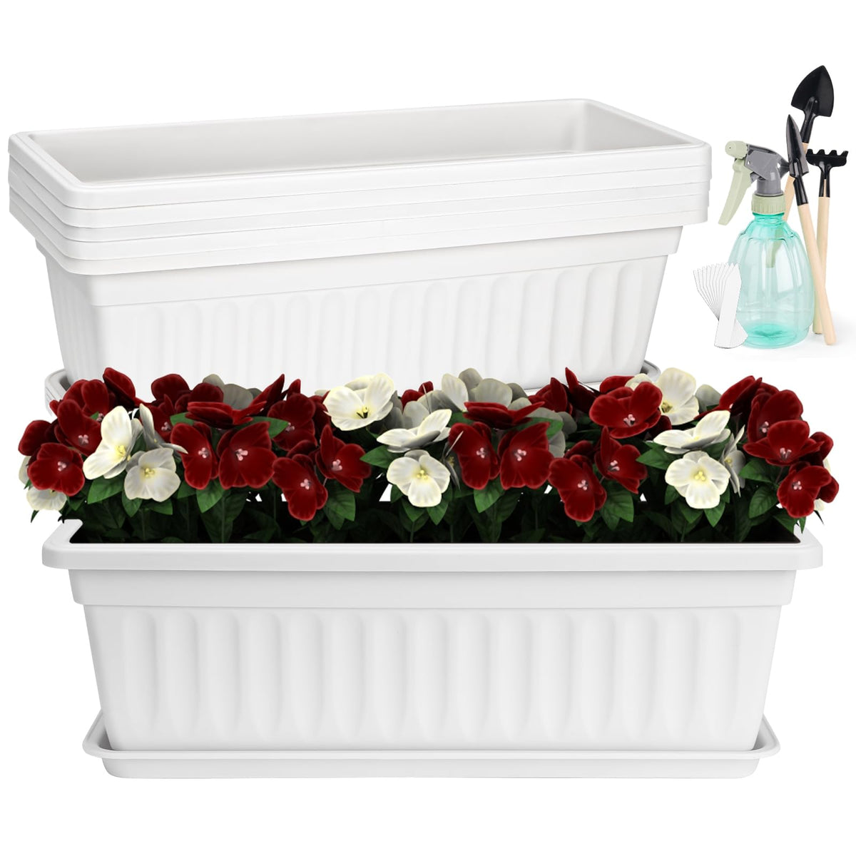 HOXHA 17-inch white window box planter with tray enhances windowsill greenery.
