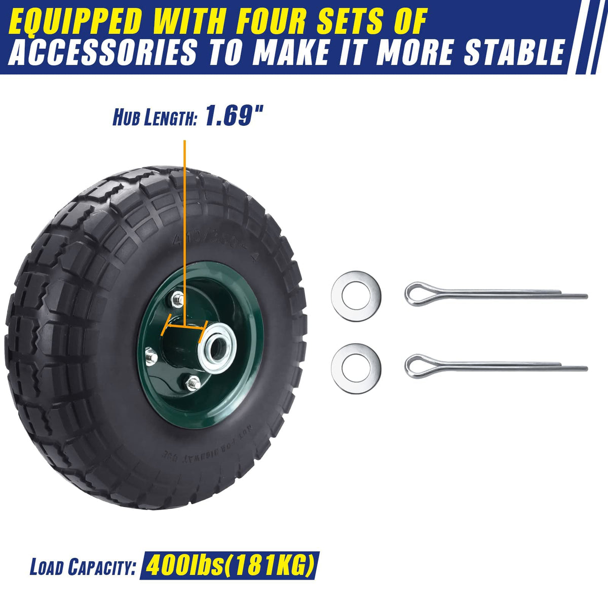 HOXWELL non-slip tread on 10-inch tire improves traction on uneven ground.