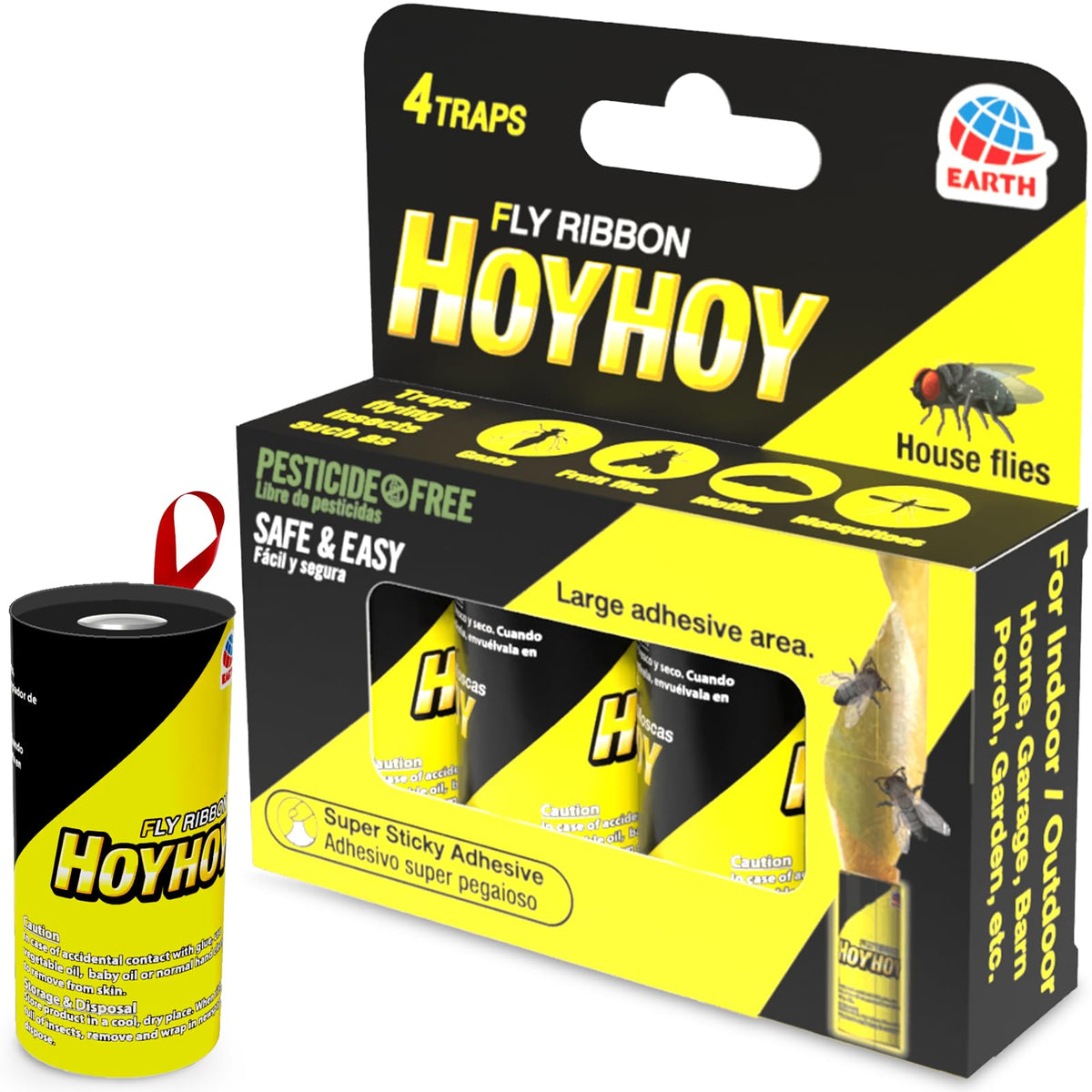 HOY HOY Fly Ribbon 4 Traps packaging shows easy setup for home and garden.