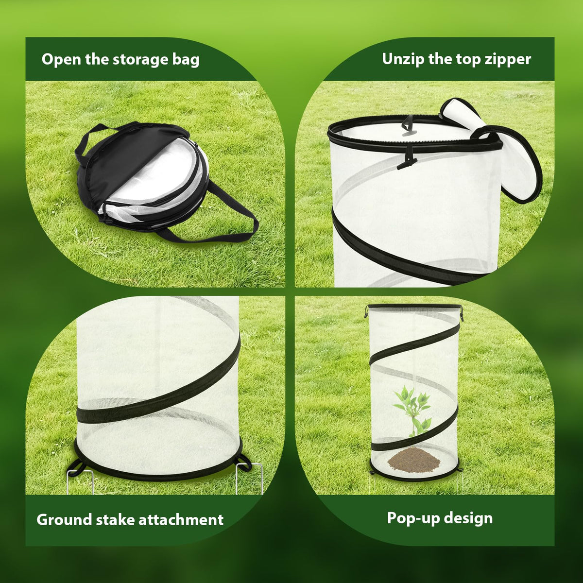 Hoypeyfiy 8-inch stakes anchor securely into soil for windy conditions.