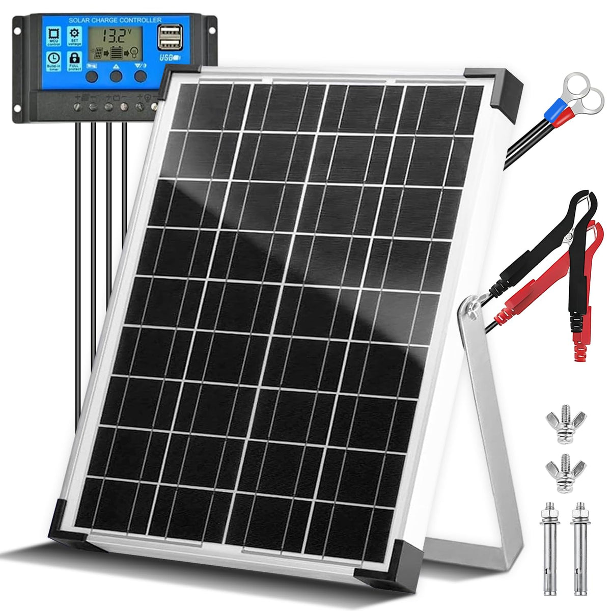 Hoysicy solar panel front view showing a compact 20W unit for off-grid charging.