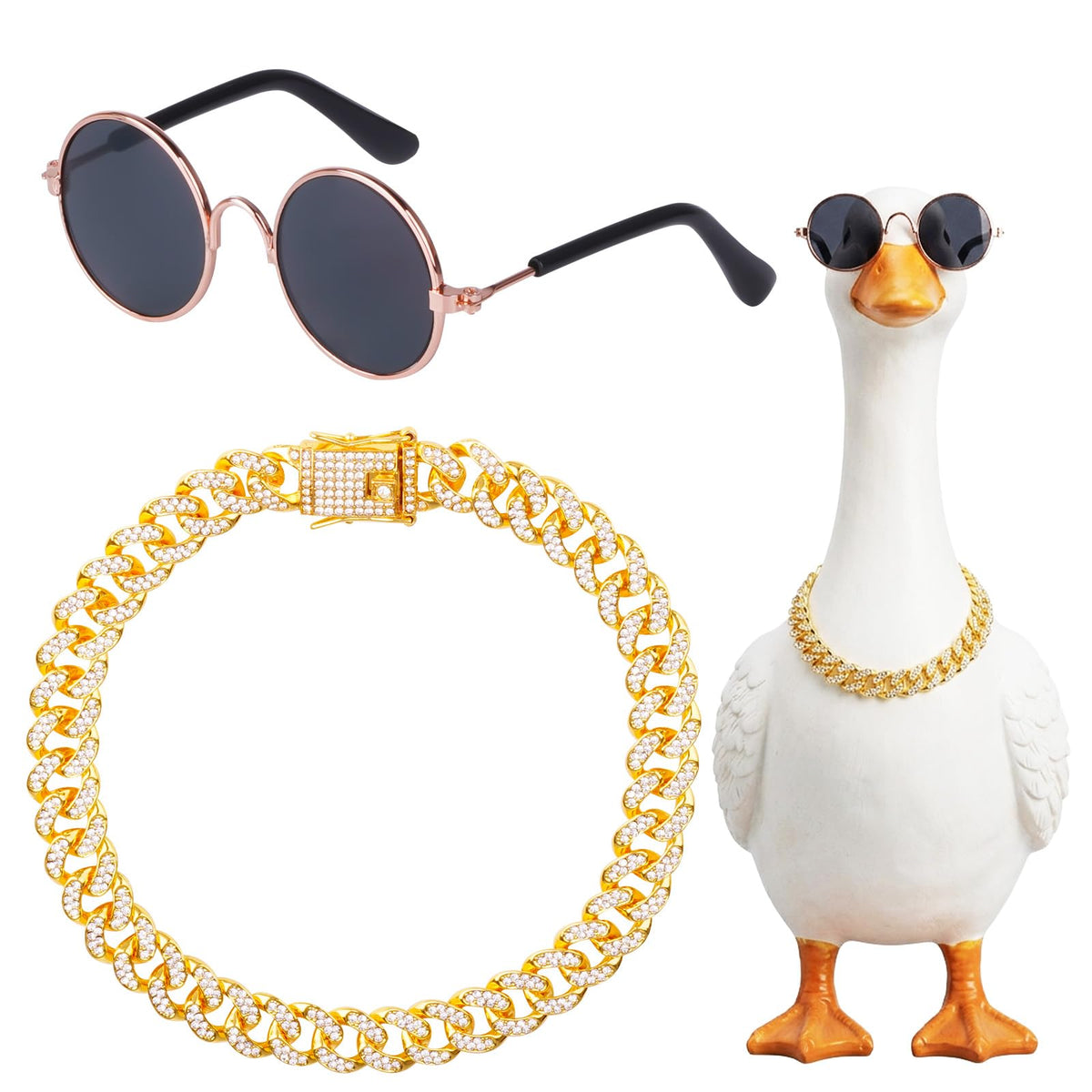 Hoyuwak goose outfit with gold rhinestone collar on a lawn statue, stylish yard decor.